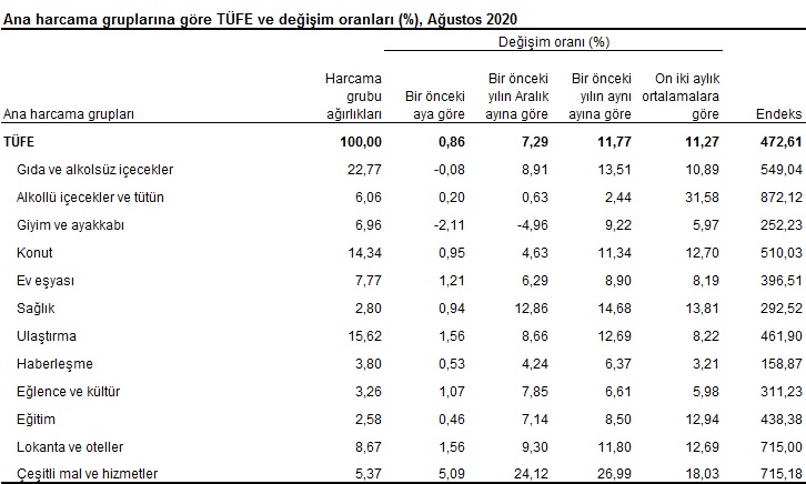 Tüketici Fiyat Endeksi, Ağustos 2020 görseli